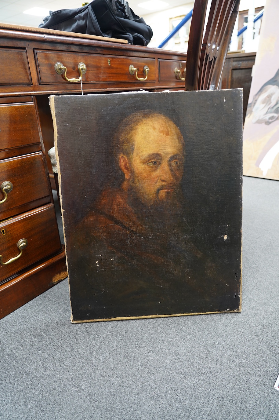 G.F.W., oil on canvas, Portrait of a monk, unframed, 63 x 50cm. Condition - poor to fair